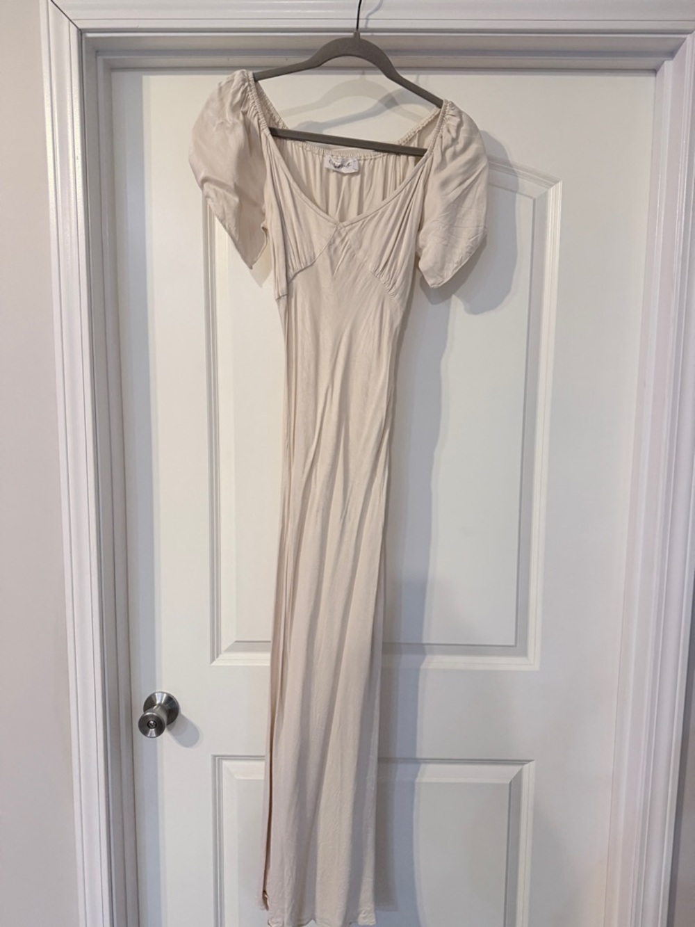 Off-Shoulder Cream Satin Maxi Dress - Picture 8 of 10